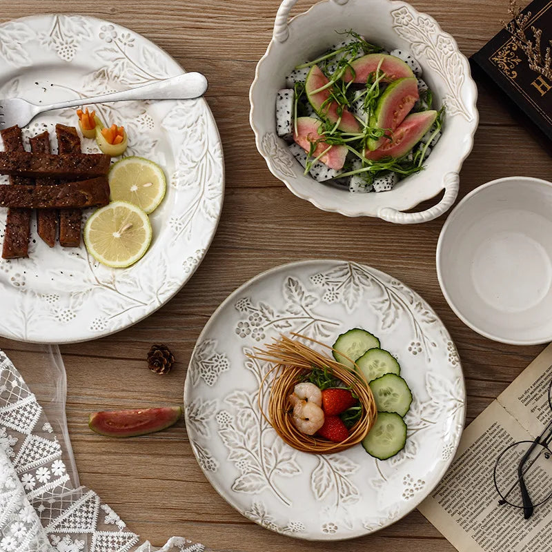 Retro Relief Ceramic Plate American Western Food Plate Fruit Salad Binaural Bowl Rice Bowl