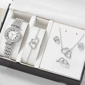 Popular Fashion Roman Embossed Diamond Women Watch Jewelry Luxury Gift Accessories Box Set Fashion Ladies Watch Gift Set