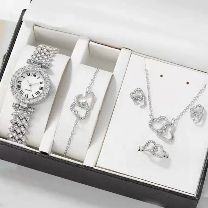 Popular Fashion Roman Embossed Diamond Women Watch Jewelry Luxury Gift Accessories Box Set Fashion Ladies Watch Gift Set