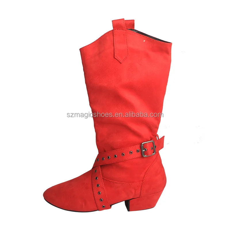 Customized Dropshipping Suede Sole Dance Boots Red in Winter Mid Calf Line Dance Boots