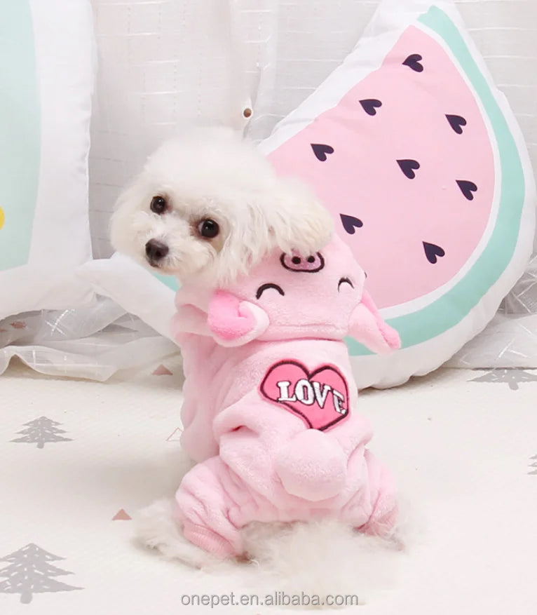Luxury Four-Legged Pet Clothing Warm Flannel Dog Clothing with Pink Piglet Elephant Print Design Popular Dog Flannel Clothes