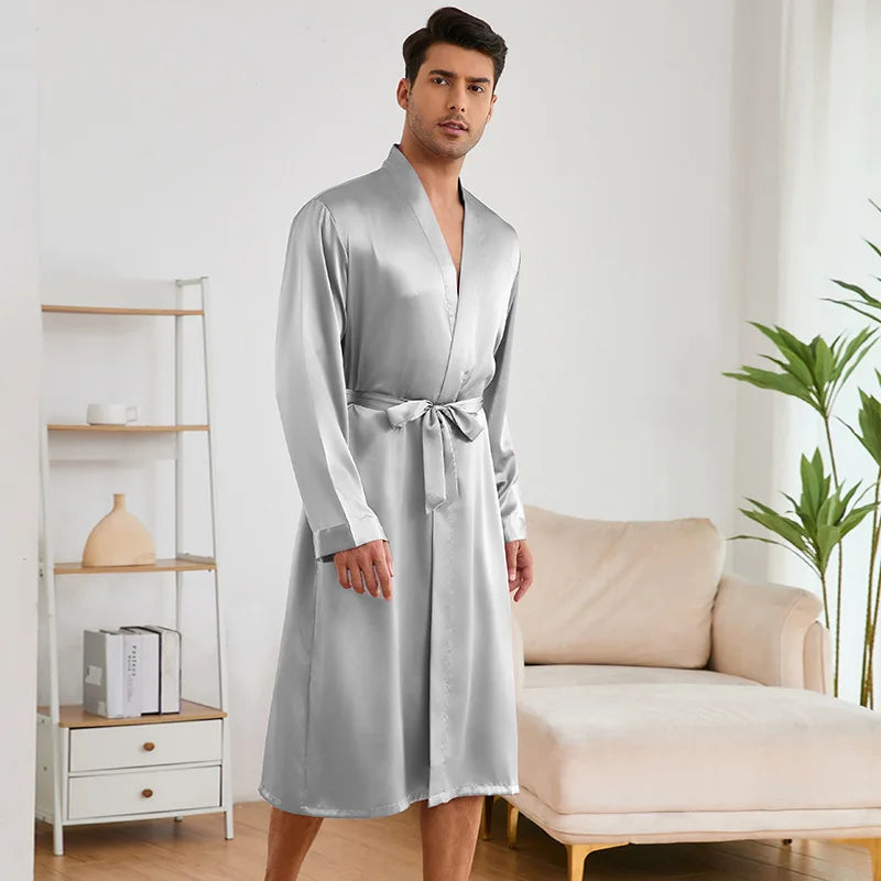 Men's Summer Breathable Satin Pajama Shorts Set Solid Color Thin Bathrobe Shorts Soft Home Wear