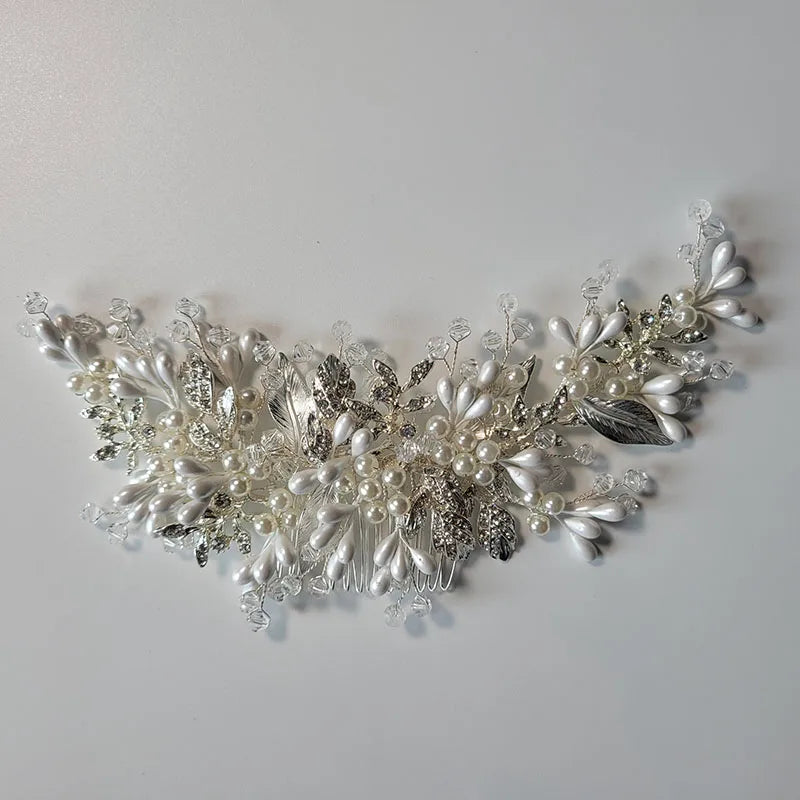 SLBRIDAL Handmade Wired Rhinestones Crystals Flower Leaf Long Wedding Hair Comb Bridal Headband Hair Accessories Women Jewelry