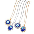 Retro Blue Oil Dripping Heart Evil Eyes Necklace Rhinestone Crystal Hamsa Hand Pendant Necklace Women Jewelry