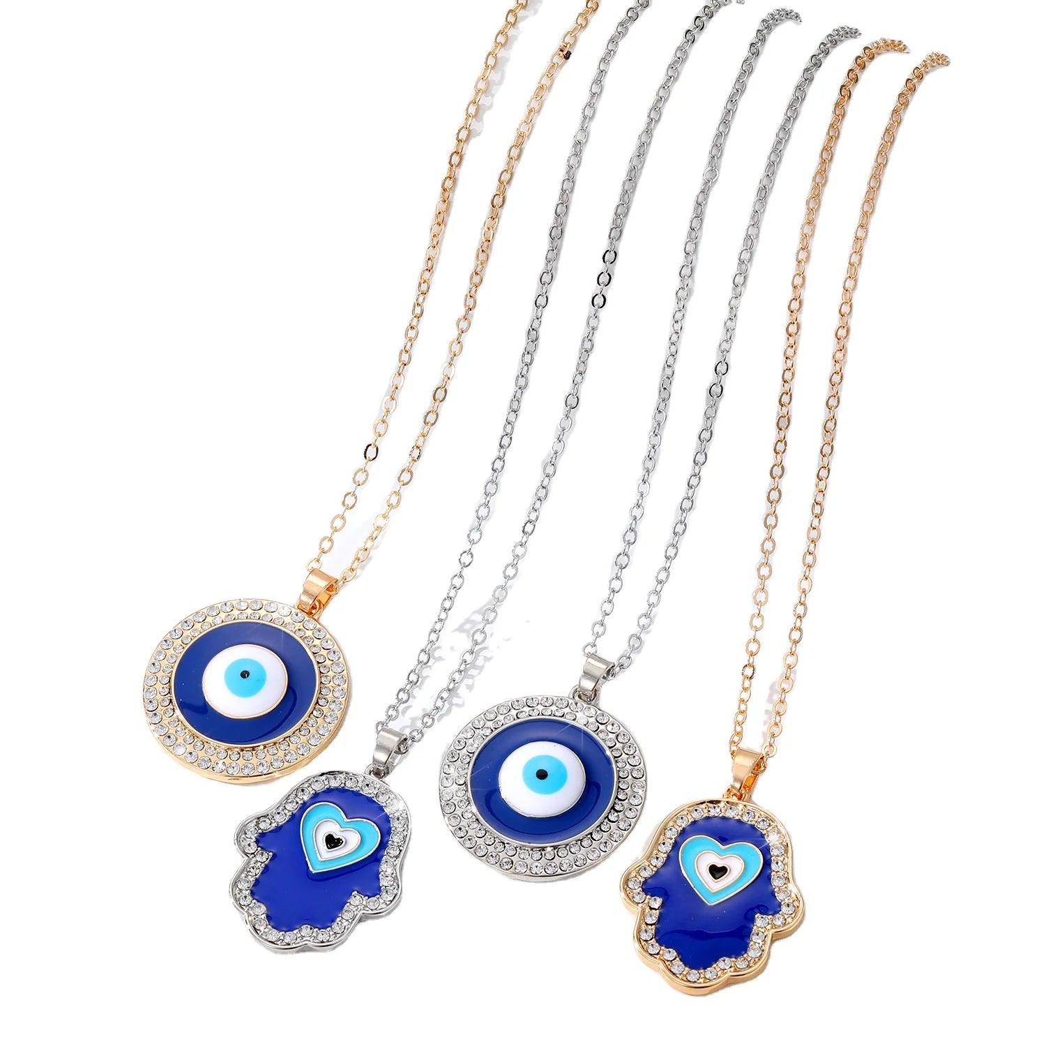 Retro Blue Oil Dripping Heart Evil Eyes Necklace Rhinestone Crystal Hamsa Hand Pendant Necklace Women Jewelry