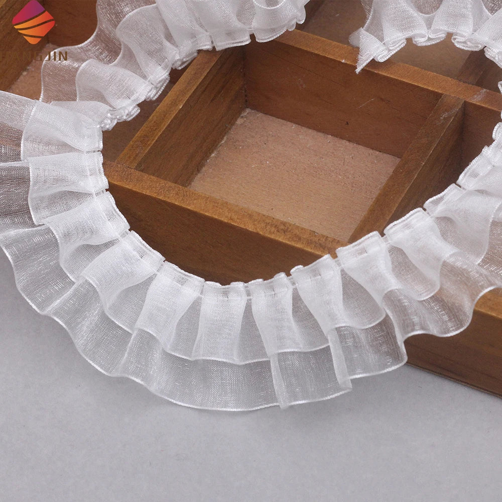 Double Layered Pleated Wave Lace Trim 4cm White Organza Ruffled Lace Edge for Dress Neckline Collar Sleeves Trims Accessories