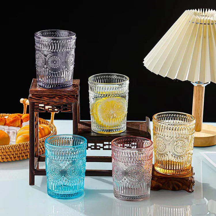 300ML Vintage Romantic Glassware Cocktail Colorful Embossed Sunflower Drinking Glasses for Bar Home