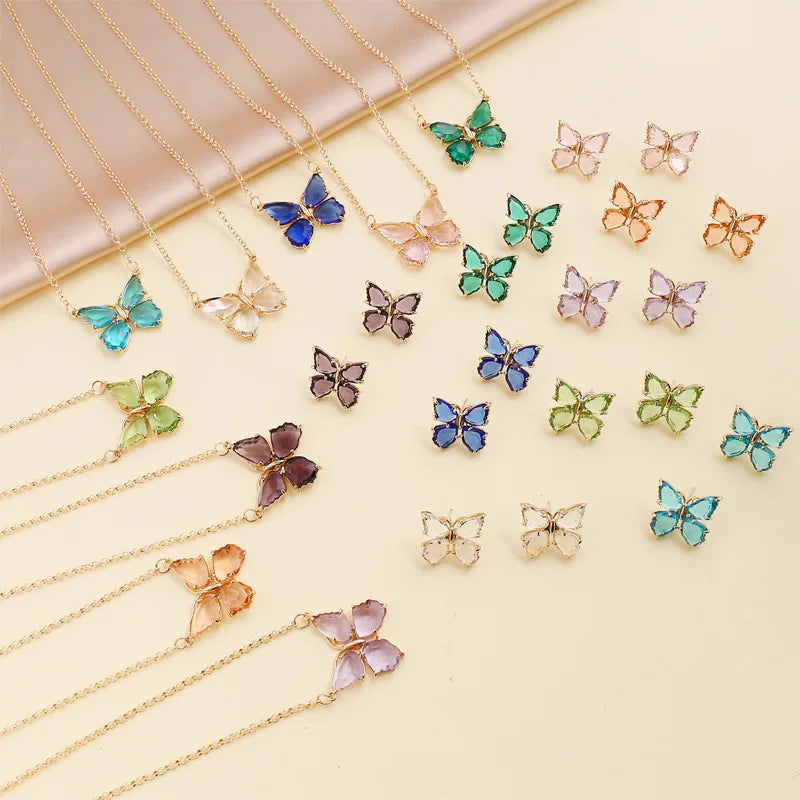 BJB0427N Butterfly Fashion Jewelry Set 18K Gold Plated Stainless Steel Crystal Necklace Earrings for Women-Wedding Party