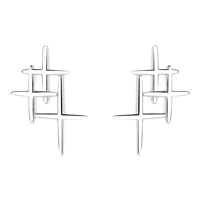 925 Sterling Silver Three Cross Folded Stud Earrings Glossy Star Stud Earrings for Women Jewelry