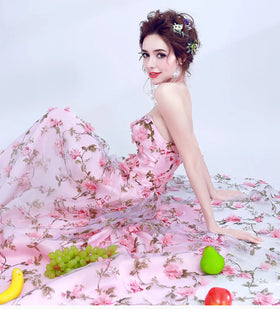 2023 Women's Elegant 3D Flower Evening Dress Pink Lace Bra Banquet Evening Dress