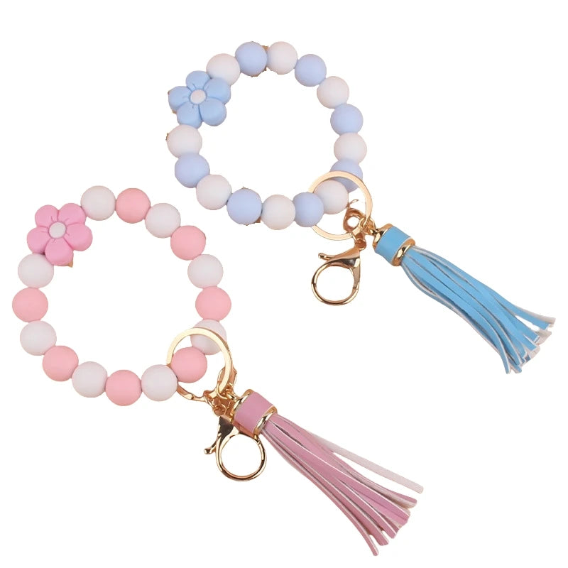 Bracelet Elastic Silicone Bead Keychain Wristlet Leather Tassel Bangle Keyring Valentine's Day Silicone Wristlet Keychain Flower