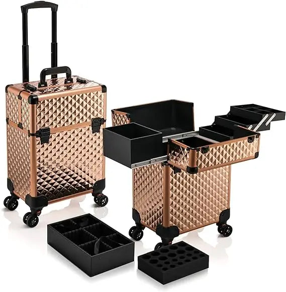 Fashionable Large Storage Rolling Makeup Train Case with 4 Tray Sliding Rail and Removable Middle Layer Open Closure
