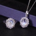 Abiding 925 Sterling Silver White Cz Halo Oval Cut 8X10mm Milky Blue Moonstone Cluster Flower Ring Necklace Pendant Jewelry Set