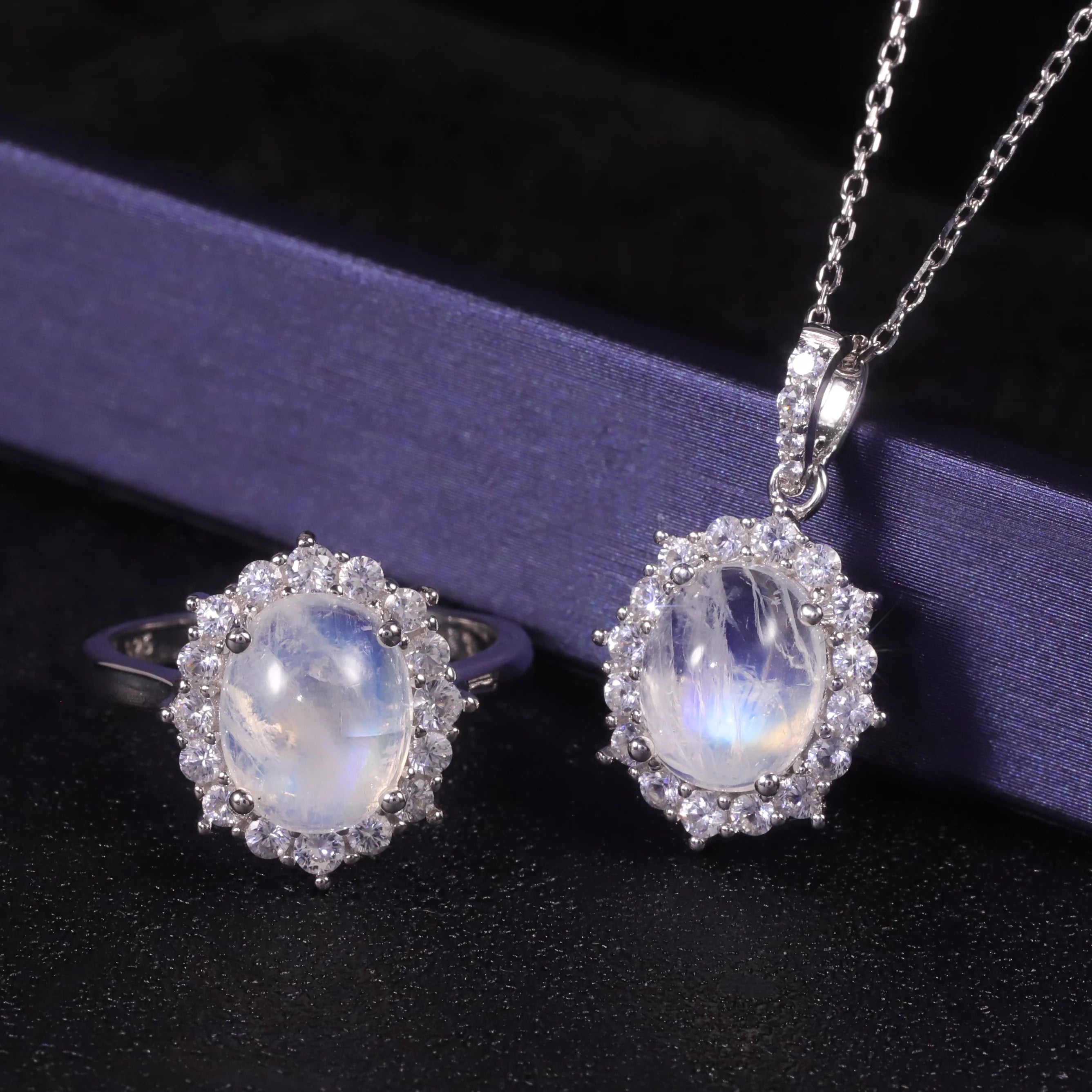 Abiding 925 Sterling Silver White Cz Halo Oval Cut 8X10mm Milky Blue Moonstone Cluster Flower Ring Necklace Pendant Jewelry Set