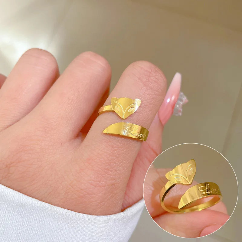 Fashion Non Fading Cute Fox Gold Plated Stainless Steel Adjustable Ring for Women Jewelry Wholesale