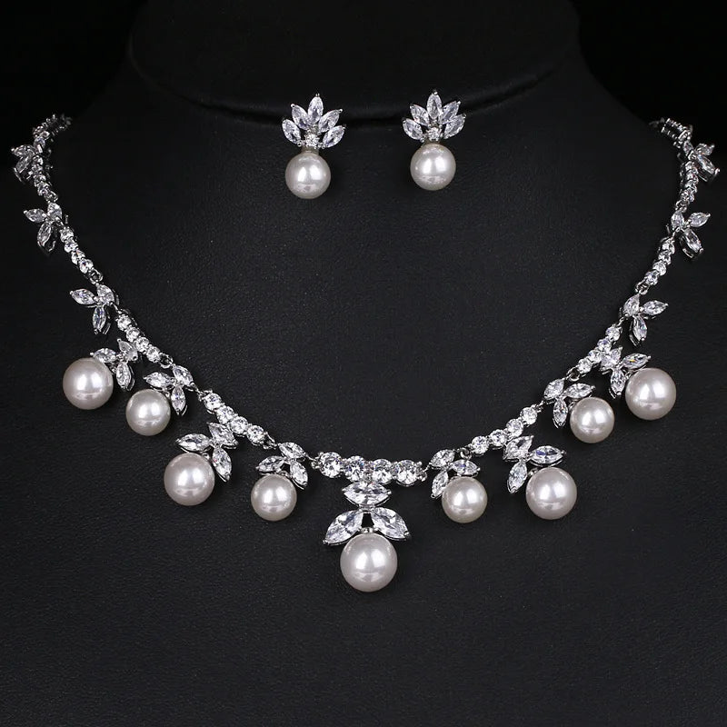 2022 New Luxury Crystal Wedding Jewelry Elegant Bridal Necklace Earrings Pearl Diamond Zircon Jewelry Set for Women