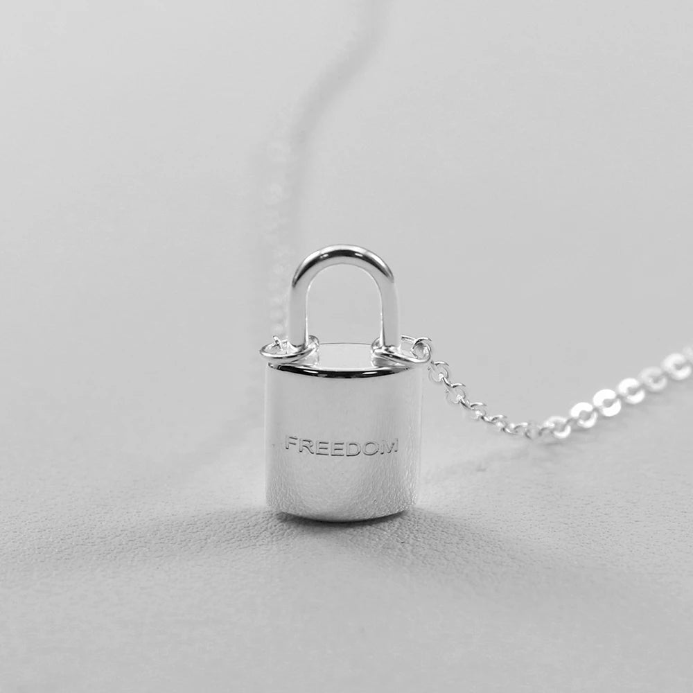 Minimalist Silver Tone Lock Necklace Engraved Freedom Charm Dainty Pendant Jewelry