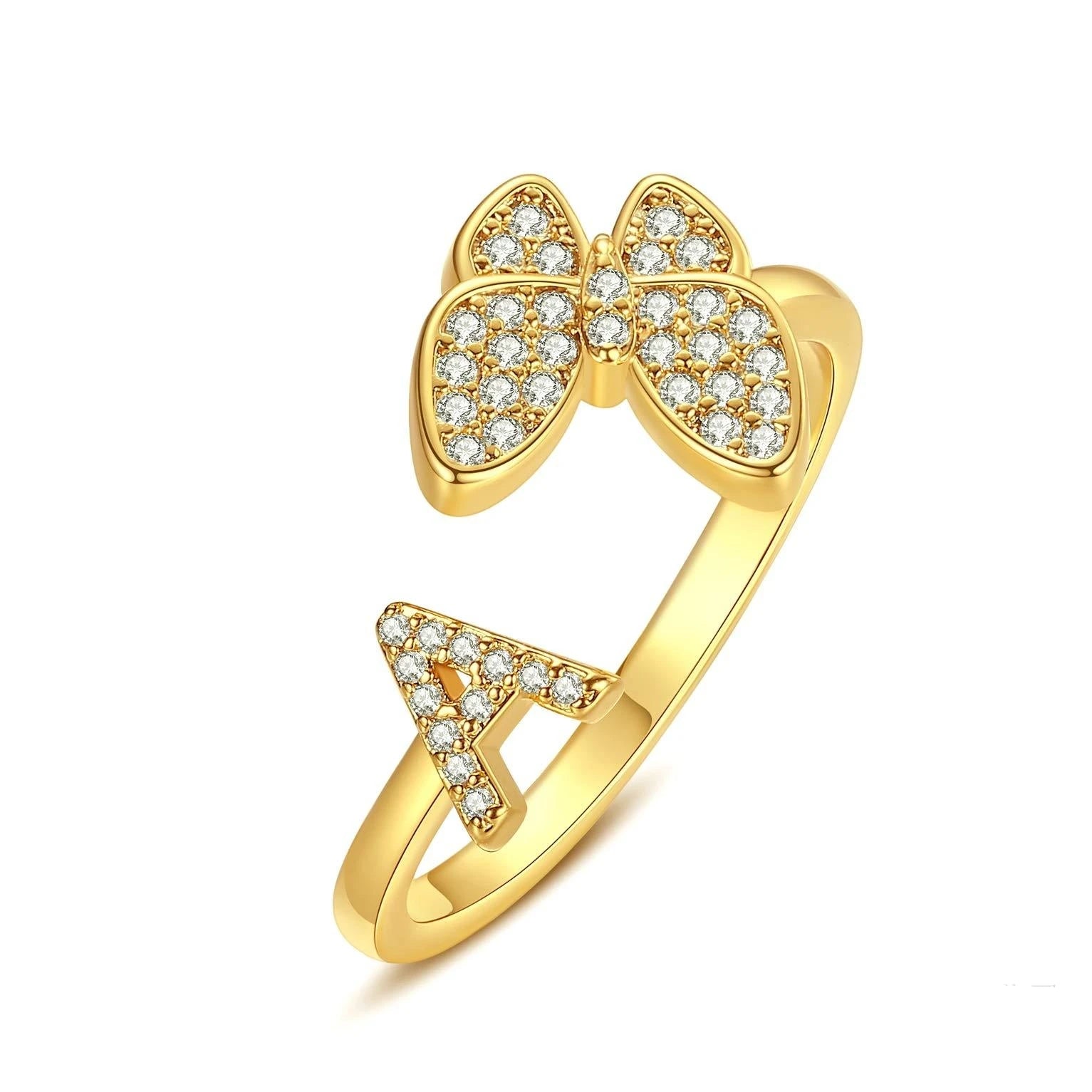 Qiuhan OEM A-Z Letter Adjustable Women Initials Alphabet Butterfly Shaped Zircon Ring