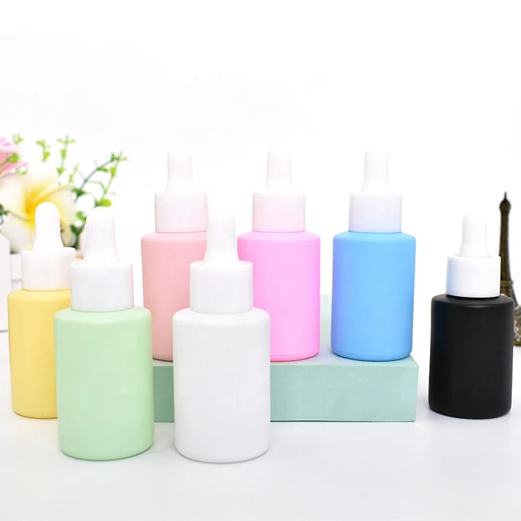 Customized 30ml 50ml 100ml Flat Shoulder Frosting Colorful Glass Dropper Bottles Essential Oil Macaron Dropper Bottle