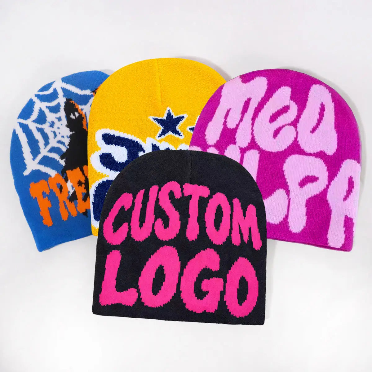 Custom All Over Print Beanie Manufacturers Unisex Jacquard Y2K Gothic No Cuff Fold Cuffless Winter Cap Knit Hats