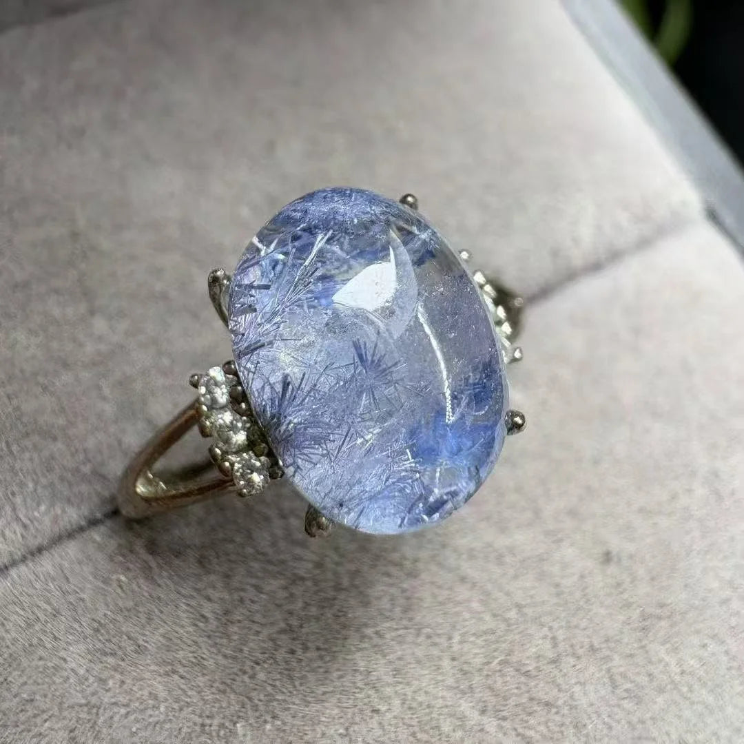 Chakra Crystal Healing Stone Natural  Dumortierite 925  Sterling Silver Ring for Relieving Emotions and Improving Sleep Quality