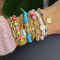 BC4009 Bohemia Rainbow Polymer Clay Heishi Beaded CZ Pave Tube Layering BraceletsGold CZ Cuban Link Chain Macrame Bracelet
