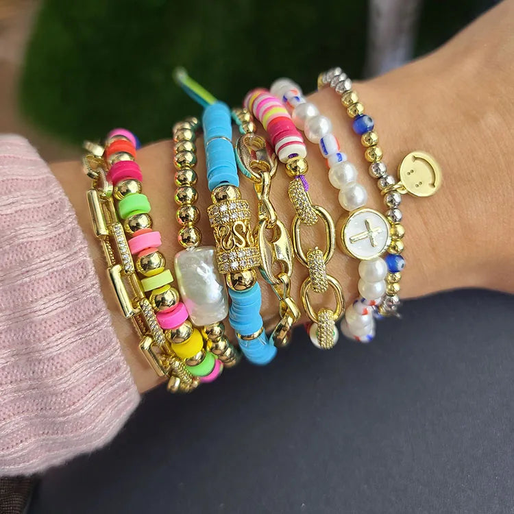 BC4009 Bohemia Rainbow Polymer Clay Heishi Beaded CZ Pave Tube Layering BraceletsGold CZ Cuban Link Chain Macrame Bracelet