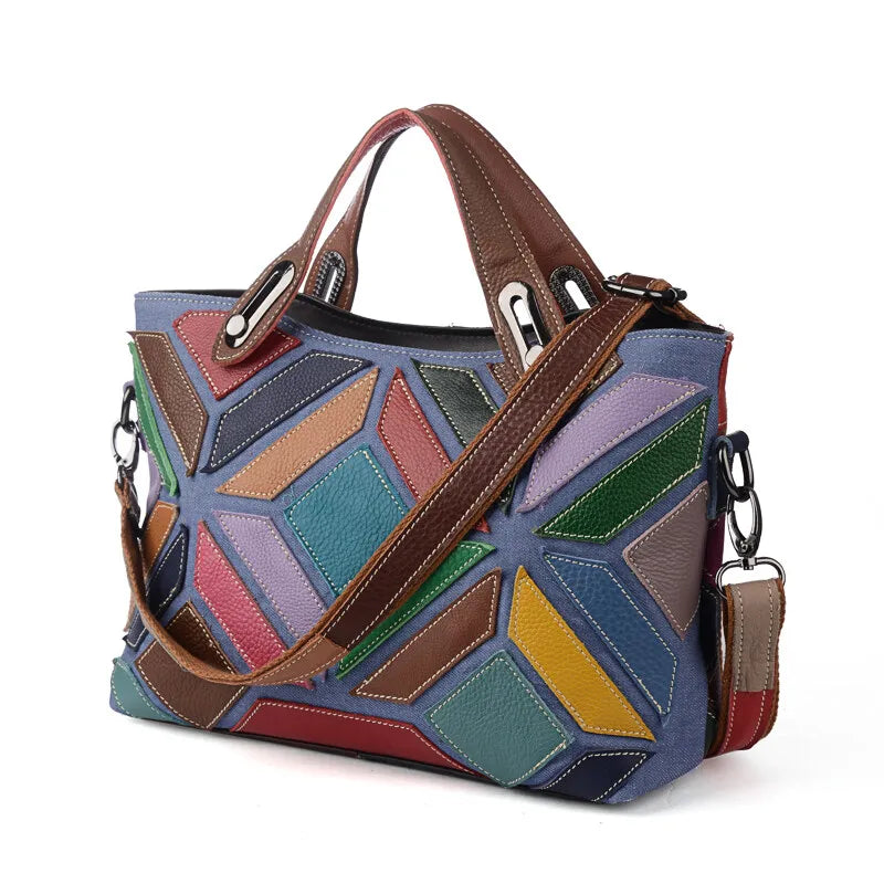 Colorful Handbag for Women Genuine Cow Leather Fashion Elegant Retro Shoulder Sling Bag Large Capacity Top Handle Bags Tote