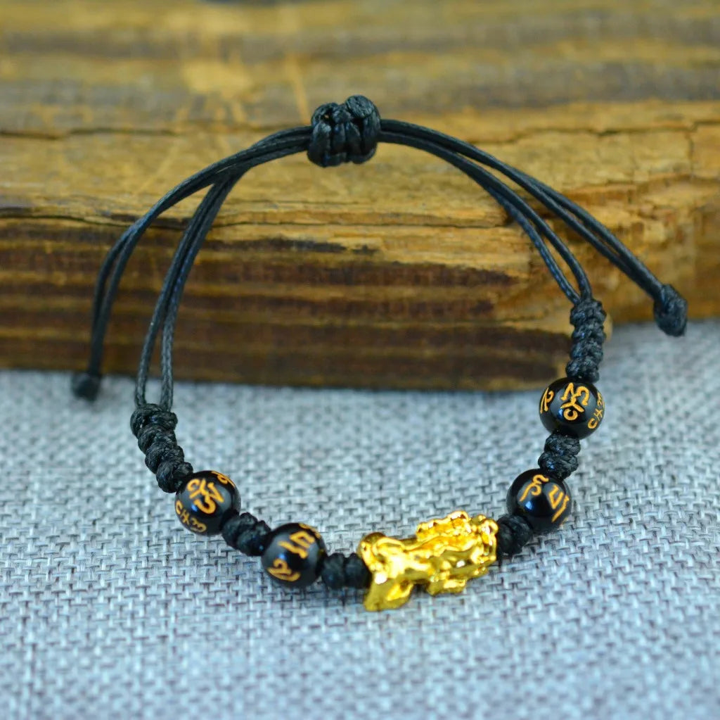 Unisex Feng Shui Obsidian Stone Beads Bracelet Rope Wristband Gold Wealth Health Rich Good Luck Bracelet for Women Men