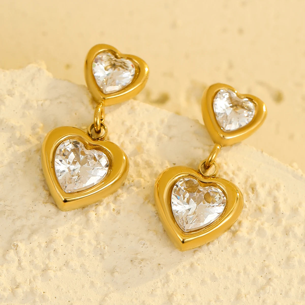 2025 Zircon Double Hearts Drop Earrings Fashion Love Stainless Steel 18K Gold PVD Pendant Earrings for Women Jewelry
