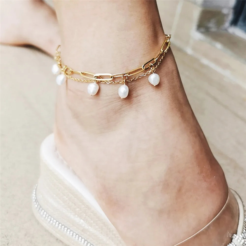 High Quality Summer Beach Boho Stainless Steel PVD Gold Plated Paper Clip Chains Tassel Baroque Natural Freshwater Pearl Anklets
