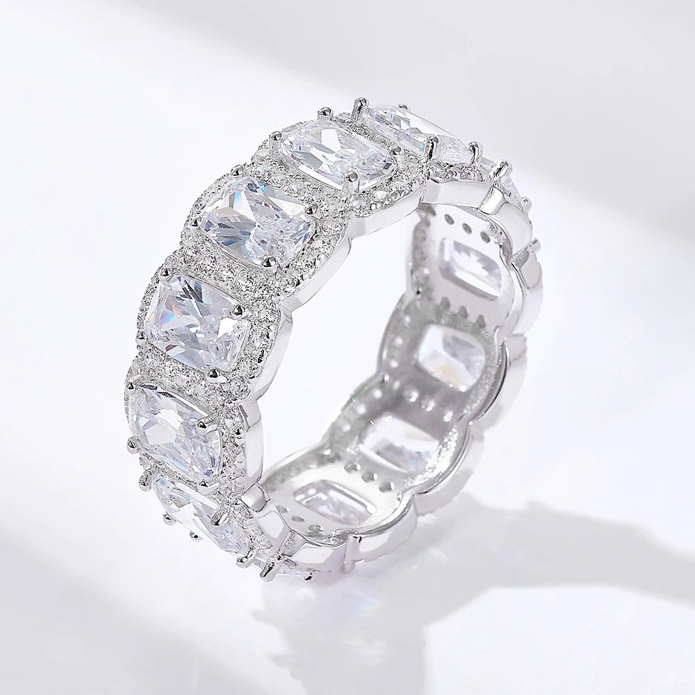 European American Hip Hop Inspired 925 Sterling Silver Ins Style Ring Full Fine Zircon Rhodium Iced Bling Micro Pave Wedding