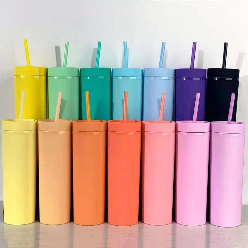 16Oz Double Wall Multi Pastel Color Water Bottles Colorful Acrylic Plastic Matte Black Tumbler