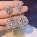 Luxury Gold Plated Brass 925 Silver Needle Long Hollow Tassel Bell Drop Earrings Full Zircon Indiana Jhumka Chandelier Earrings