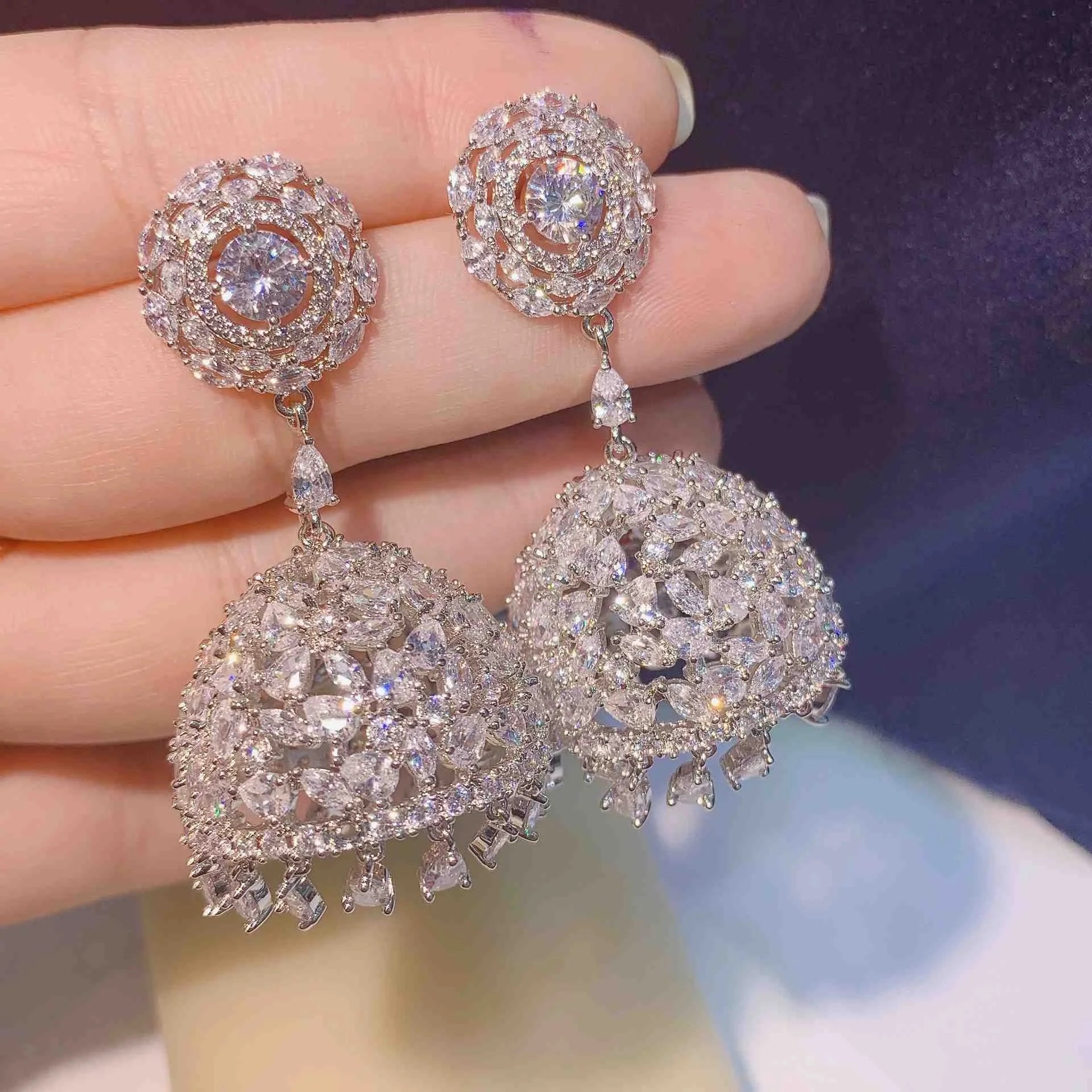 Luxury Gold Plated Brass 925 Silver Needle Long Hollow Tassel Bell Drop Earrings Full Zircon Indiana Jhumka Chandelier Earrings