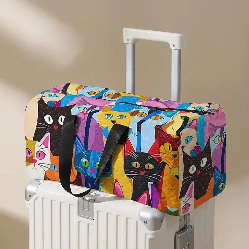 Large-Capacity Outdoor Travel Bag Cosmetics Compartment Cat Oil Painting Printed Portable Luggage Polyester Duffle Bag for Women