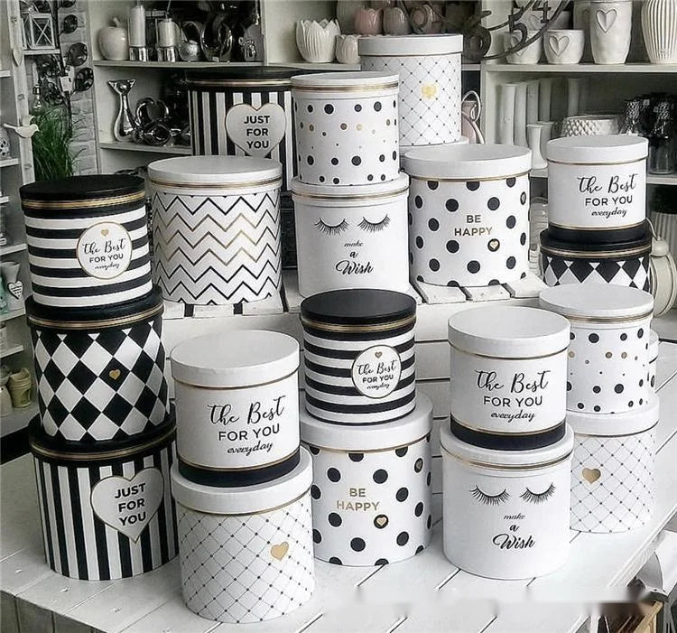 Set of 3 Round Box Flower Box Gift Boxes Simple Black and White Handmade with Embossing and Matt Lamination Printing