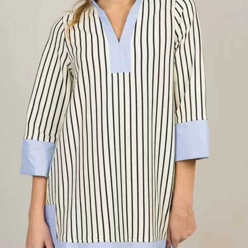 2025 Summer New Women's Fashion Blue Collar Striped Dress for Hot-Selling Cross-Border Foreign Trade Woven Midi Natural