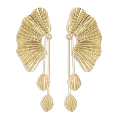 2022 Hot Sale Matt Gold Exaggerated Fan Shape Earrings Leafy Pendant Long Retro Earrings Unique Dainty Matt Silver  Earrings