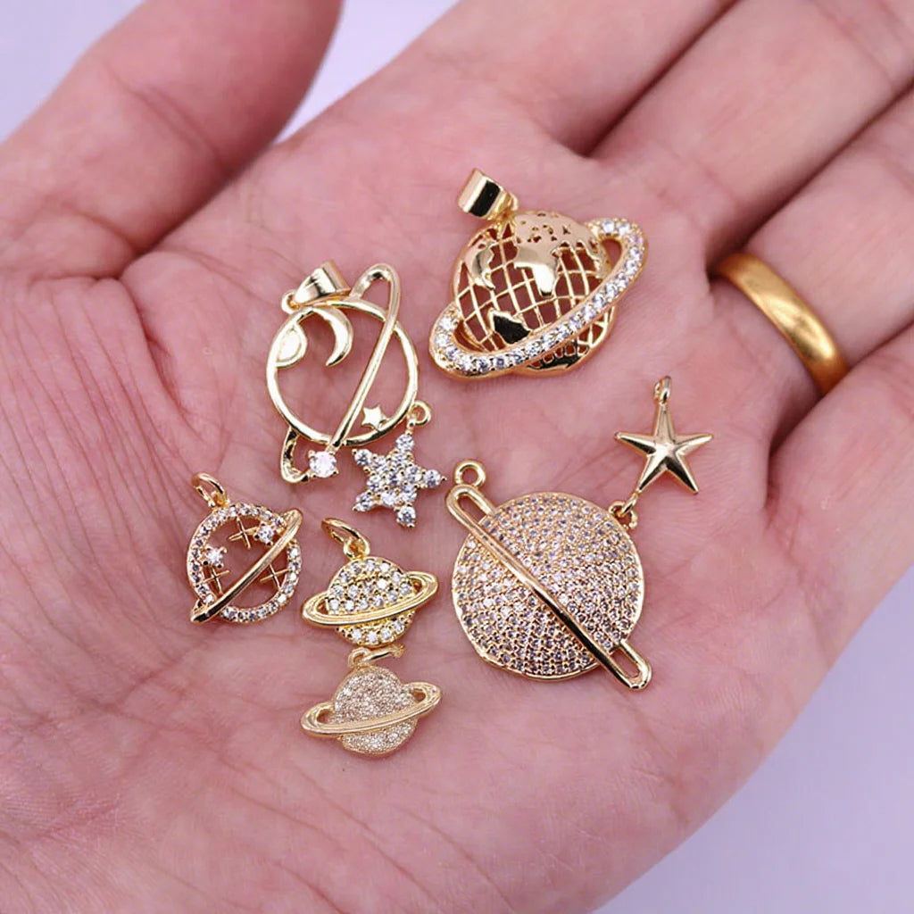 CZ8393 Celestial Charms 18K Gold CZ Saturn Planet Satellite Charm Pendant for NecklaceBracelet Jewelry Making