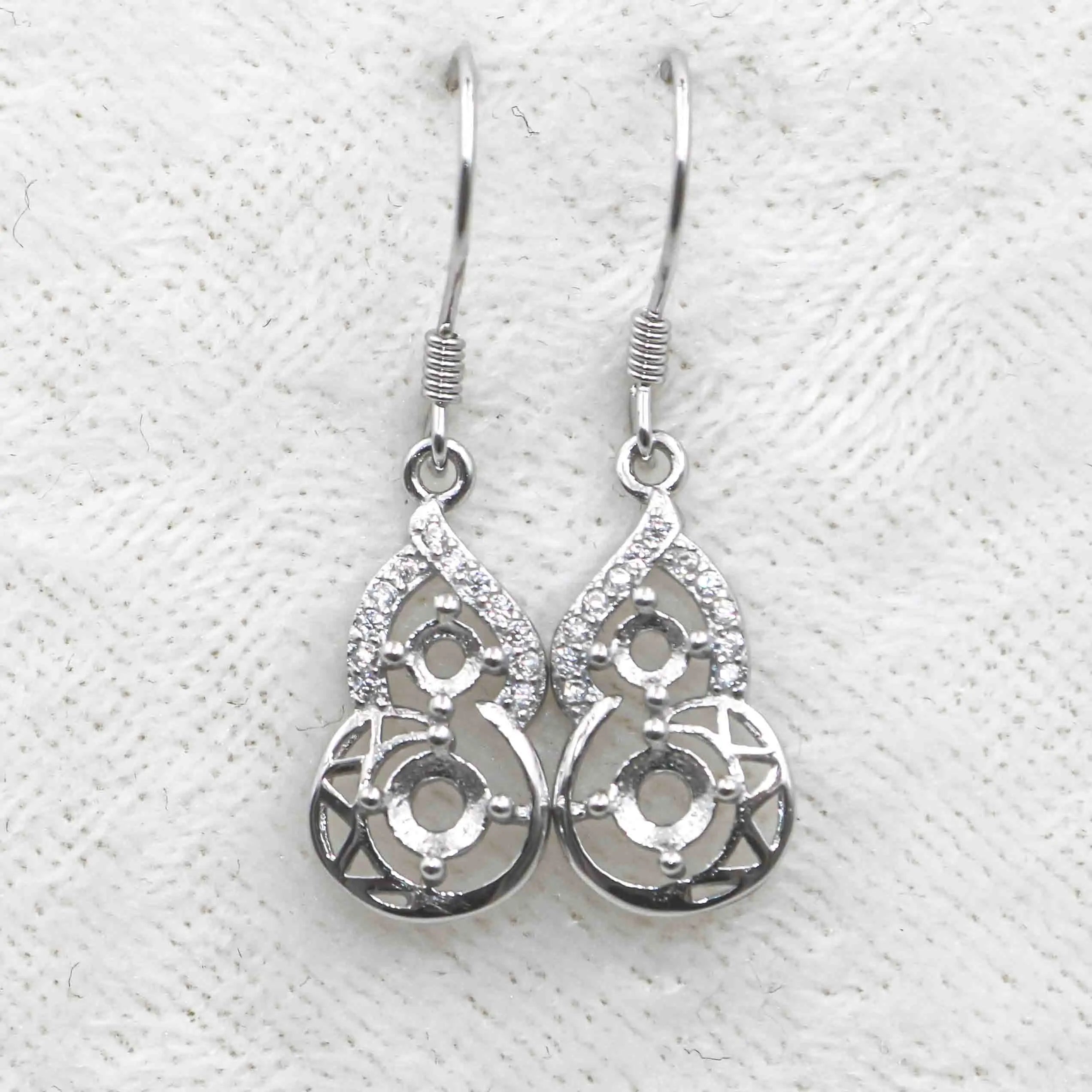 Sterling Silver 3mm+4mm Semi Mount Hook Earrings Empty Support Blank Claws Setting S925 Base Without Center Stone for DIY Inlay