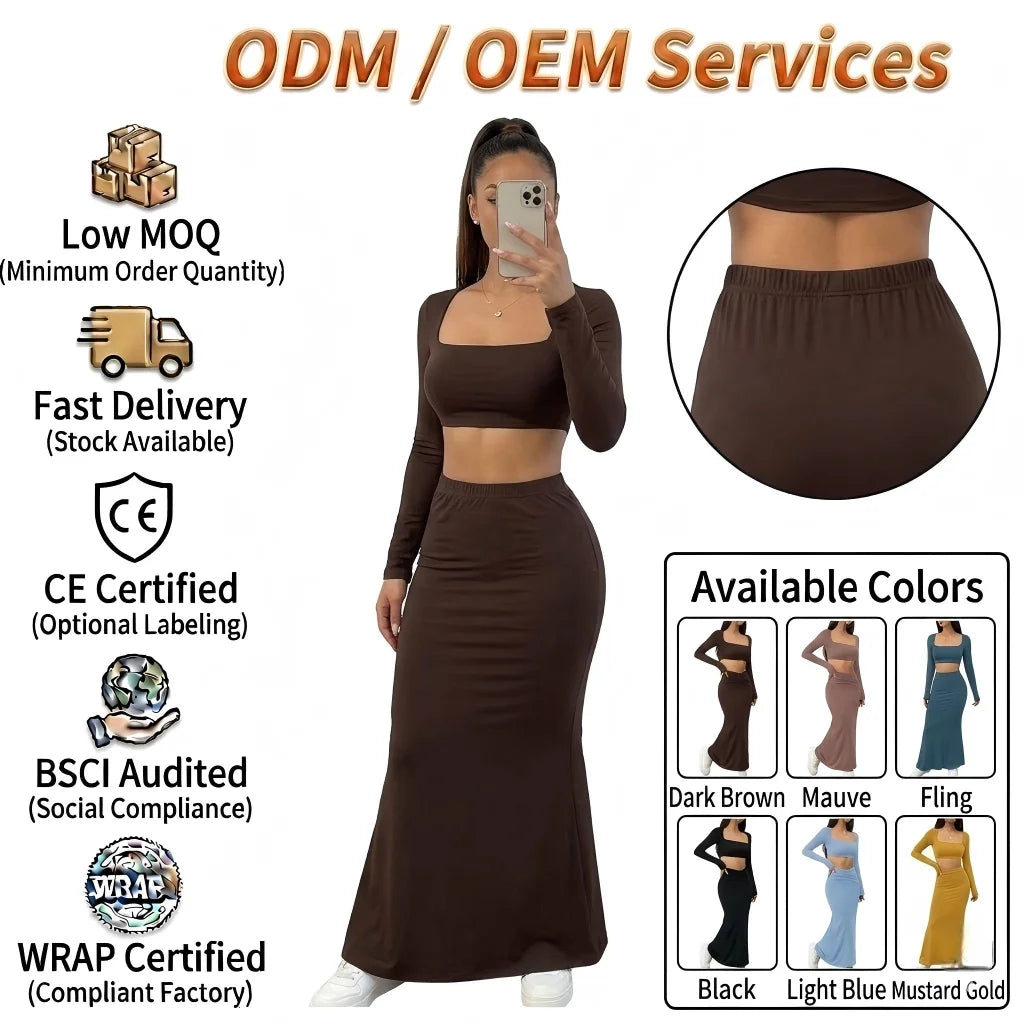 Custom Logo Ladies Two Piece Skirts Set Crop Top and Fishtail Skirt Women 2 Piece Outfits Blank Women's Sets