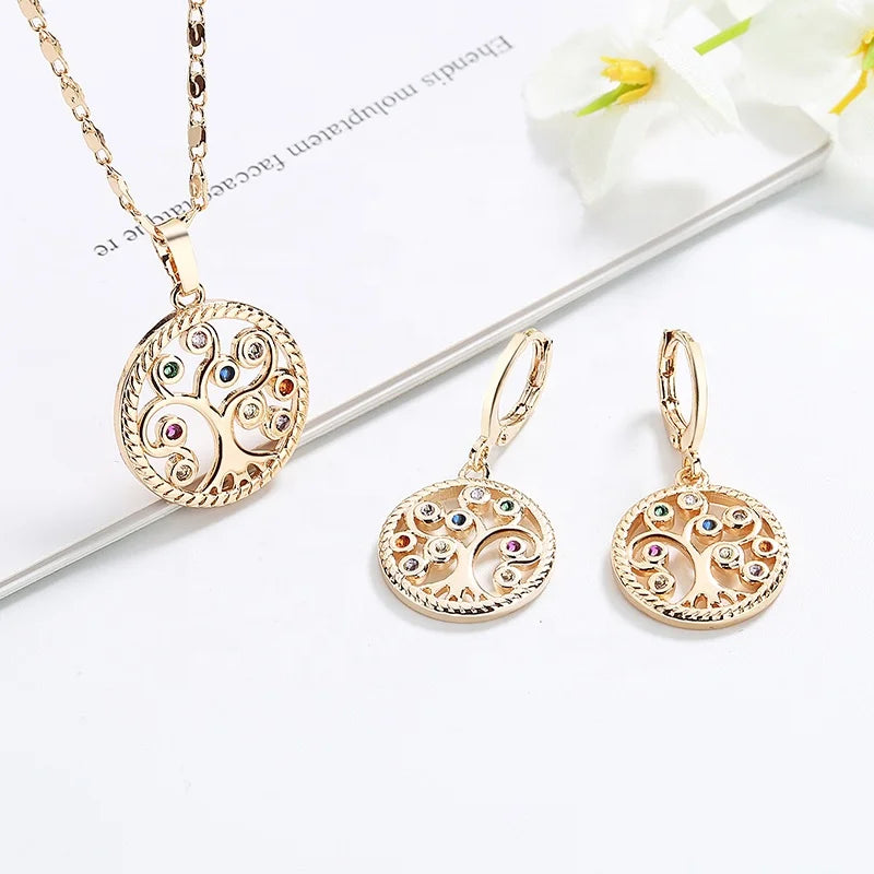 High-Quality 18 K Gold Fashion Jewelry Set Round Hollow Life Tree Jewelry Set for Women Bridal Party Jewelry