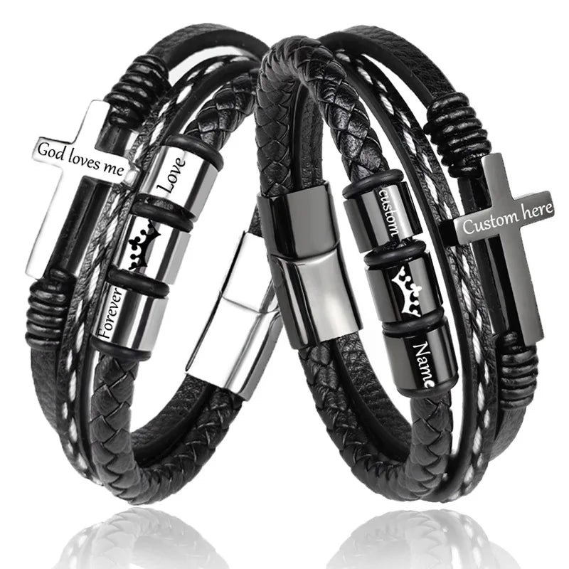 MC150 Wholesale Custom Men's Punk  Stainless Steel Bracelet Leather Magnetic Buckle Cross Bracelet Jewelry for Birthday Gift