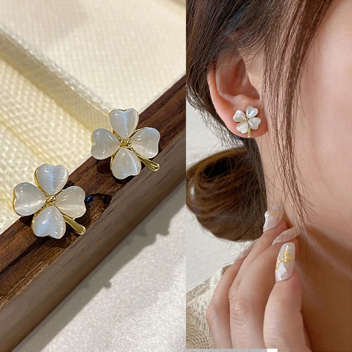 Elegant Opal Love Heart Four Leaf Clover Stud Earrings for Women Simplicity Trendy Jewelry Female Delicate Ear Studs Earring