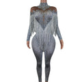 Sexy One Piece Bodysuit Show Dancer Costume Women Plus Size Fashion Fringes Long Sleeve Rompers Party Lady Rhinestone Jumpsuit