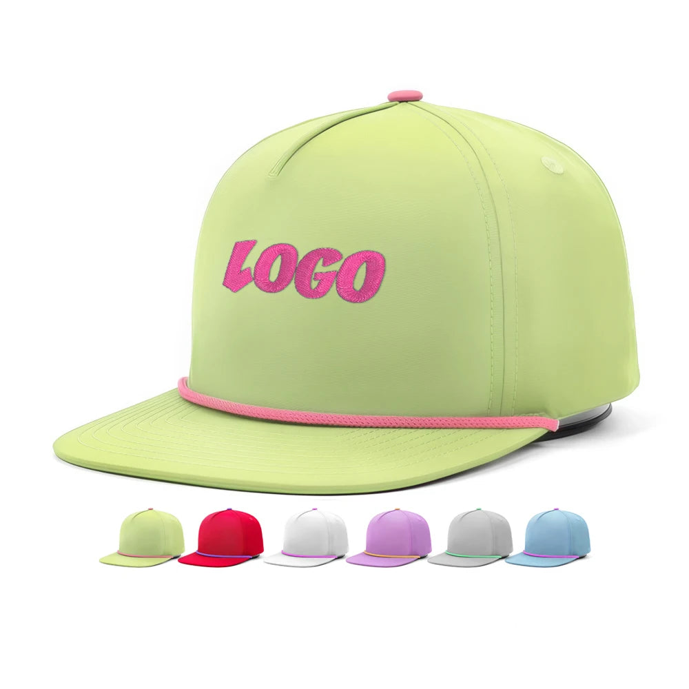 Custom Design Embroidery Logo Camp Cap Quick Dry Polyester Waterproof Outdoor Flat Bill 5 Panel Trucker Snapback Hats with Rope