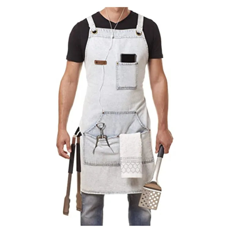 New Adjustable Custom Work Uniform Cotton Waterproof Oilproof Breathable Bib Apron Cross Back BBQ Cooking Kitchen Cleaning