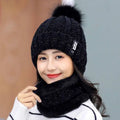 Womens Winter  Outdoor Ski Fleece Lined Jacquard Knitted Beanie Hat and Neck Warmer Scarf Set
