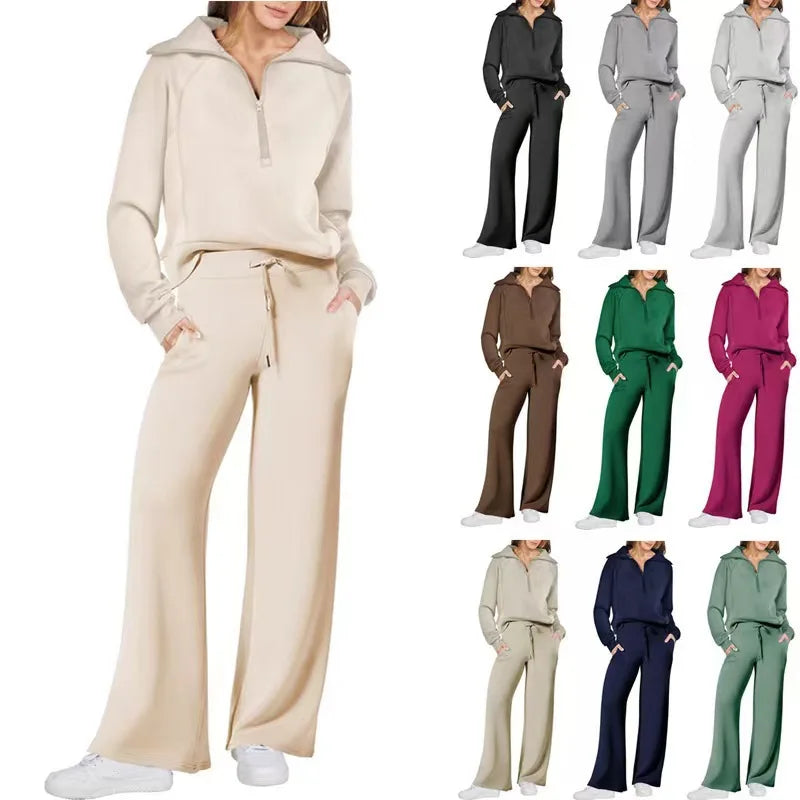 Fashion European American Autumn Winter Two-piece Set Zipper Long-sleeved Hoodie Wide-leg Pants Casual Women Sports Suit